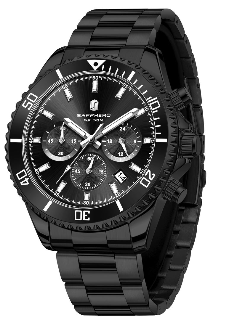 سافيرو ساعة سابفيرو كرونوغراف رجالية من الفولاذ المقاوم للصدأ، مقاومة للماء حتى عمق 50 مترًا، ساعة كوارتز تناظرية مع عرض التاريخ، ساعة كلاسيكية فاخرة وأنيقة، هدية مثالية للرجال. - Image 1